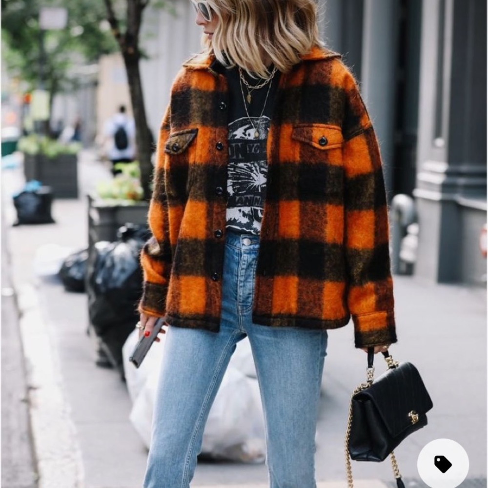 Anine Bing Orange and Brown Plaid Wool Shacket